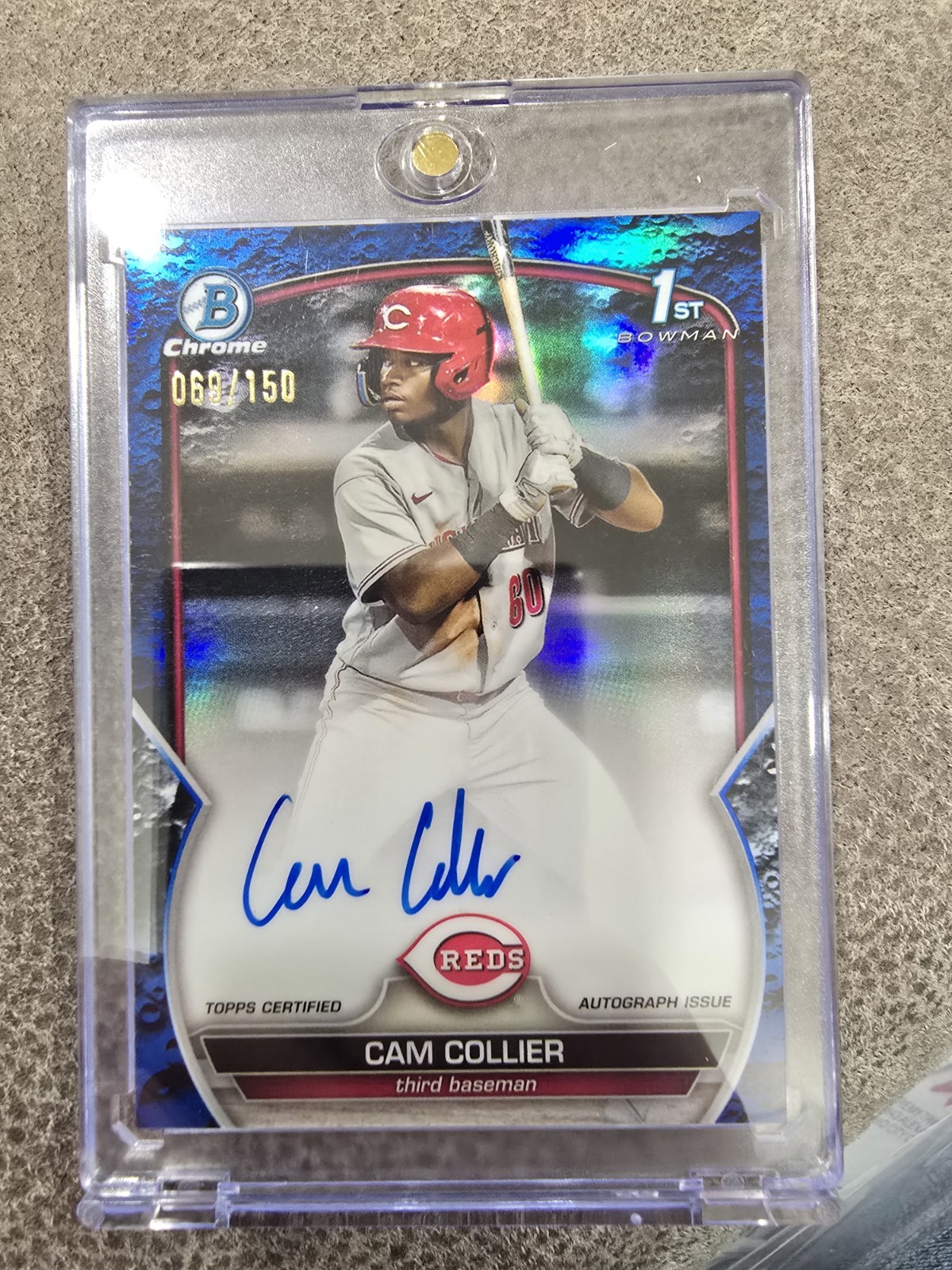 2023 Bowman Chrome Cam Collier 1st Blue Lunar Crater Auto /150 Cincinnati Reds