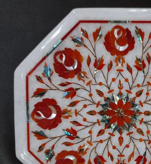 Traditional Marble Inlay Coffee Table – Handmade Floral Art with Semi-Precious - Image 3 of 4