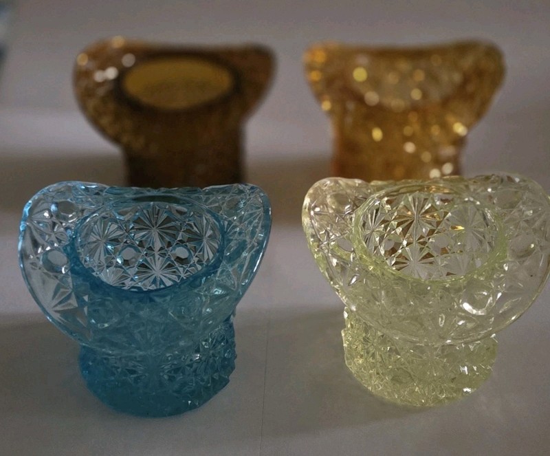 4 Rare Uranium Glass, Blue & Amber Top Hat, Daisy/Button Pattern, UV Glow Glass