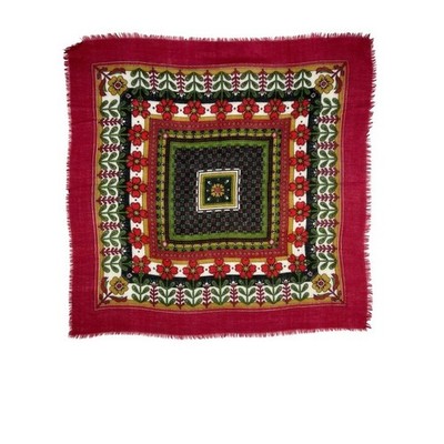 Andante Vintage Made Italy Folk Floral Square Scarf Fringe Red Boho Cottagecore