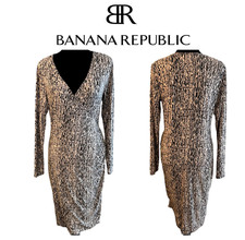 BANANA REPUBLIC Faux Wrap Midi Dress Womens M Medium Ecru and Black Side Ruching