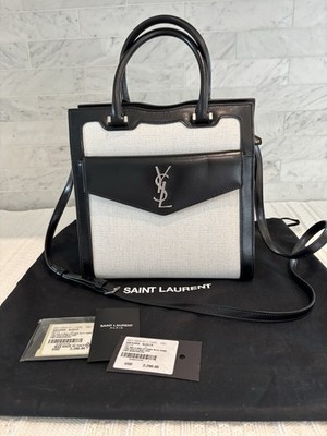 YSL Saint Laurent Uptown NWT Linen & Black Leather Mini With Removable Pouch