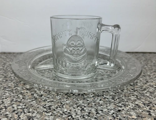 Vintage Humpty Dumpty Tom Pipers Son Nursery Rhyme Clear Glass Mug & Plate