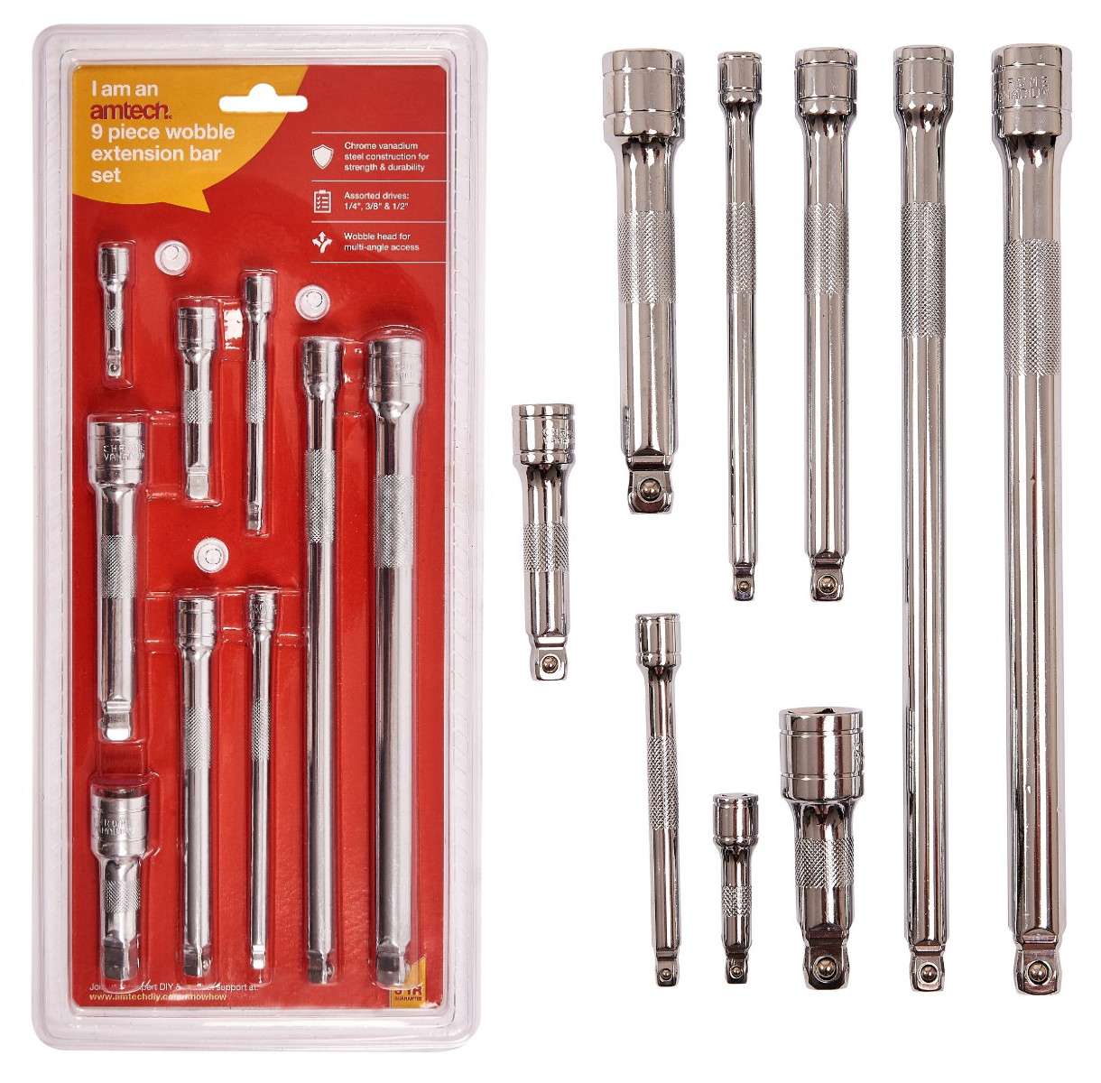 WOBBLE EXTENSION BAR SOCKET SET 9PC 1/4"" 3/8"" 1/2"" RATCHET BAR SET SIZES I4257