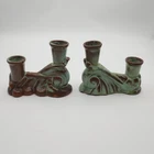 Vtg Frankoma 304 Pottery Glazed Green & Brown Double Candle Holder Pair  *Chips