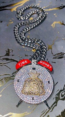 TIME MONEY ALARM CLOCK Iced Silver 14k Men Pendant 8mm Miami Cuban Link Chain