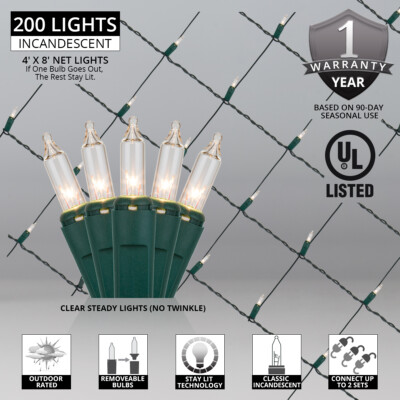200 Clear Multi Net Christmas Lights for Bushes, Green Wire, 4'x8', Connectable