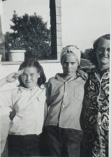 c.1950s Teen Girls Mom Porch Car Trees Handkerchief Salute Vintage Photograph