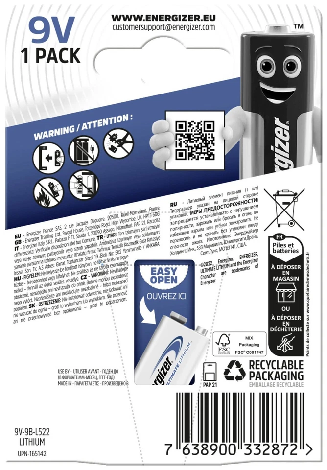 2 Energizer 9V Ultimate Lithium Batteries L522 9B E Block EXP 2033 New - Image 2 of 2