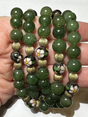 Vintage Geschnitzter Grüner Jade Turmalin Blume Cloisonne Emaille Gold T DE7