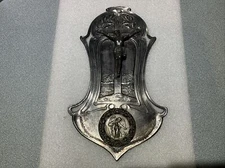 1920'S SPAIN RELIGIOUS WALL PLAQUE CRUCIFIX JERUSALEM BACKGROUND SILVERPLATE 10"