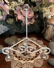 Vintage Metal Display Stand Easel; White Curved Design Accented W/Round Crystals