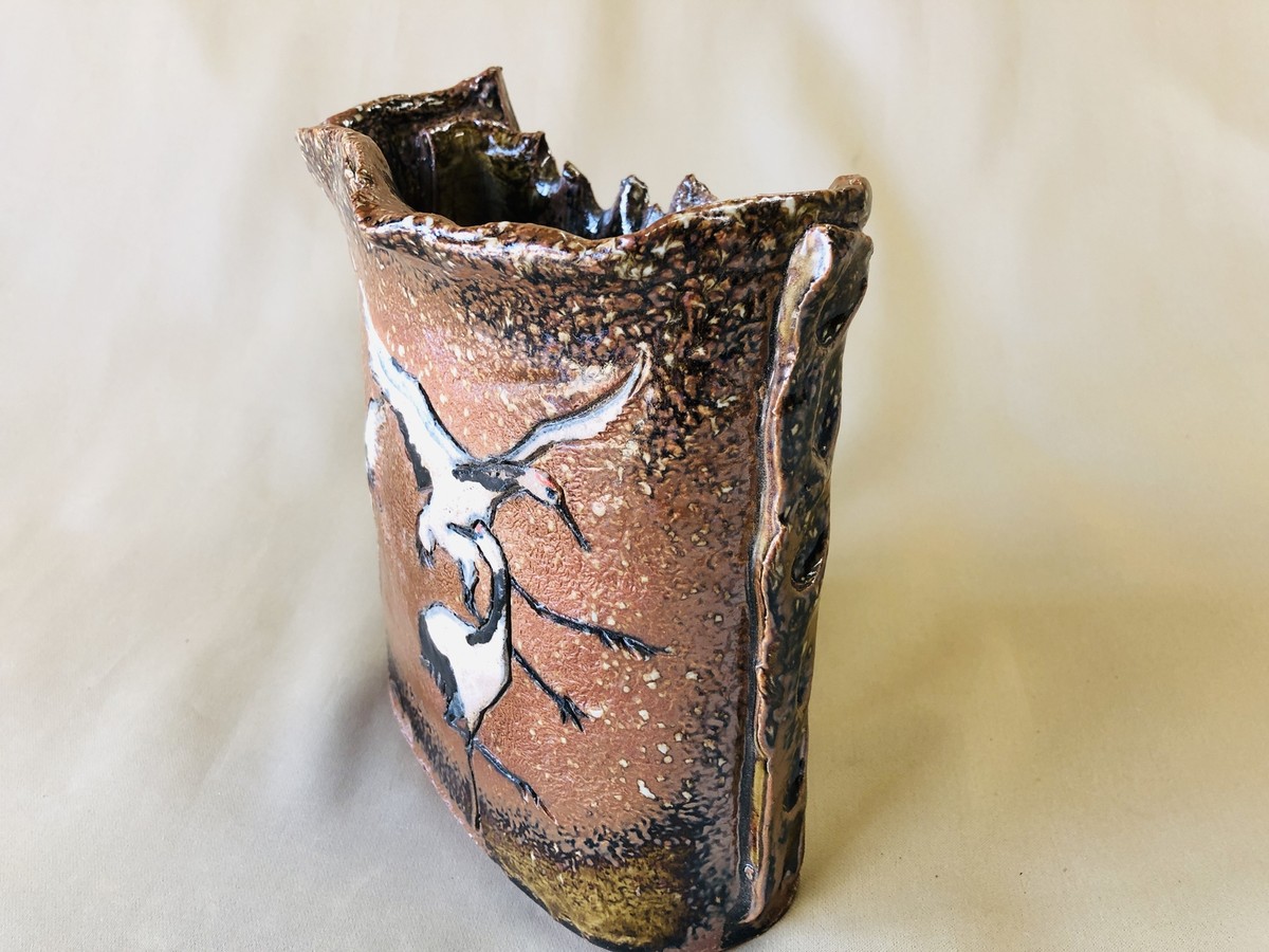 Y4343 FLOWER VASE Seto-ware crane signed box Japan ikebana antique