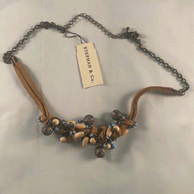 Stephan & Co Leather Chain Wood Metal Bead Funky Chunky Necklace NEW w/ Tags