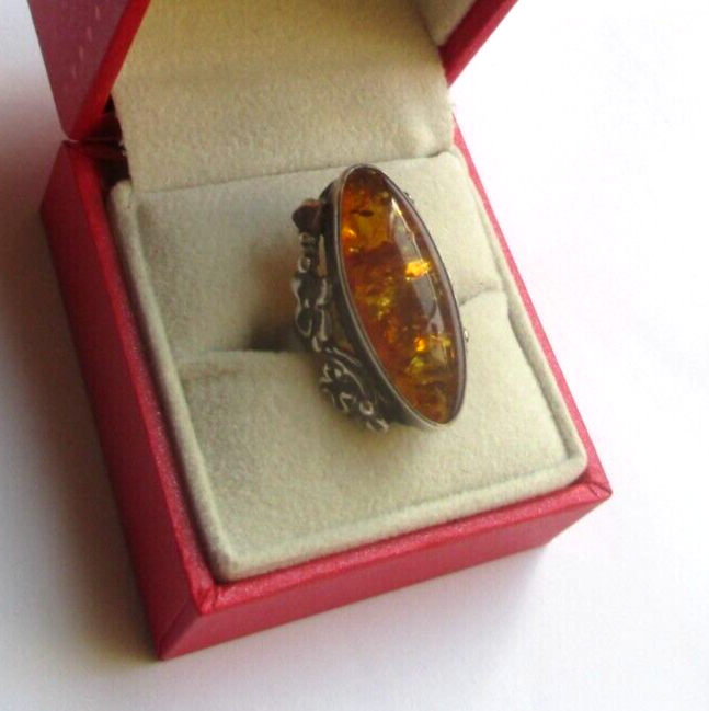Bague Ancienne En Argent Massif - Cabochon En Véritable Ambre - Taille 60 (Périmètre ~20 Cm) - Occasion