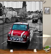 Red Classic Car Print Waterproof Shower Curtain Set Polyester Bath Decor Curtain