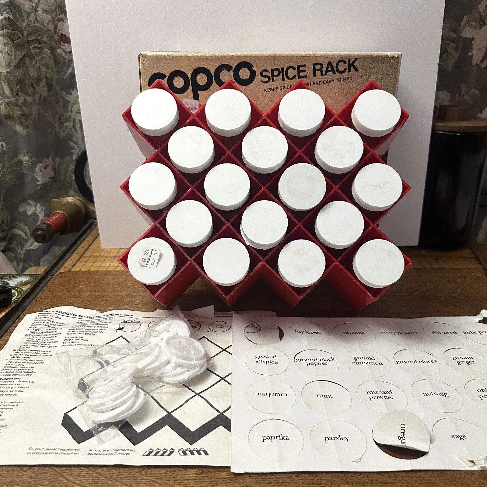 New Vtg Copco Spice Rack Red Mid Century Bottles Labels NOS