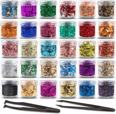 Gold Flakes for Resin - 30 Metallic Colors, Craft Foil with Tweezers for Resin