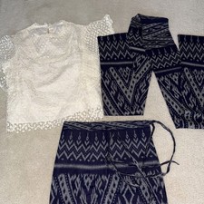 Thai Woman Asian Dress Set short sleeve blue eyelet shirt sarong skirt size S/M