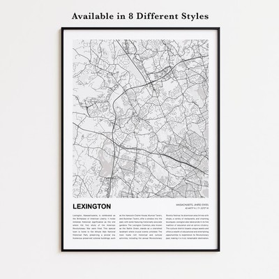 Lexington Map Print, Massachusetts Travel Poster, Modern Map, Wall Decor Art