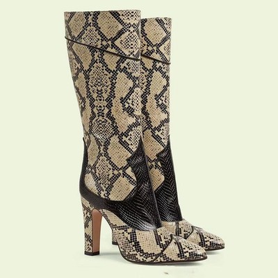 Women Pointed Toe Snakeskin Print Knee High Boots Block Heel