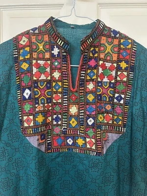 NEW Green Cotton shirt Hand Emboidered - hippy generation boho kurta festival - Image 1 of 4