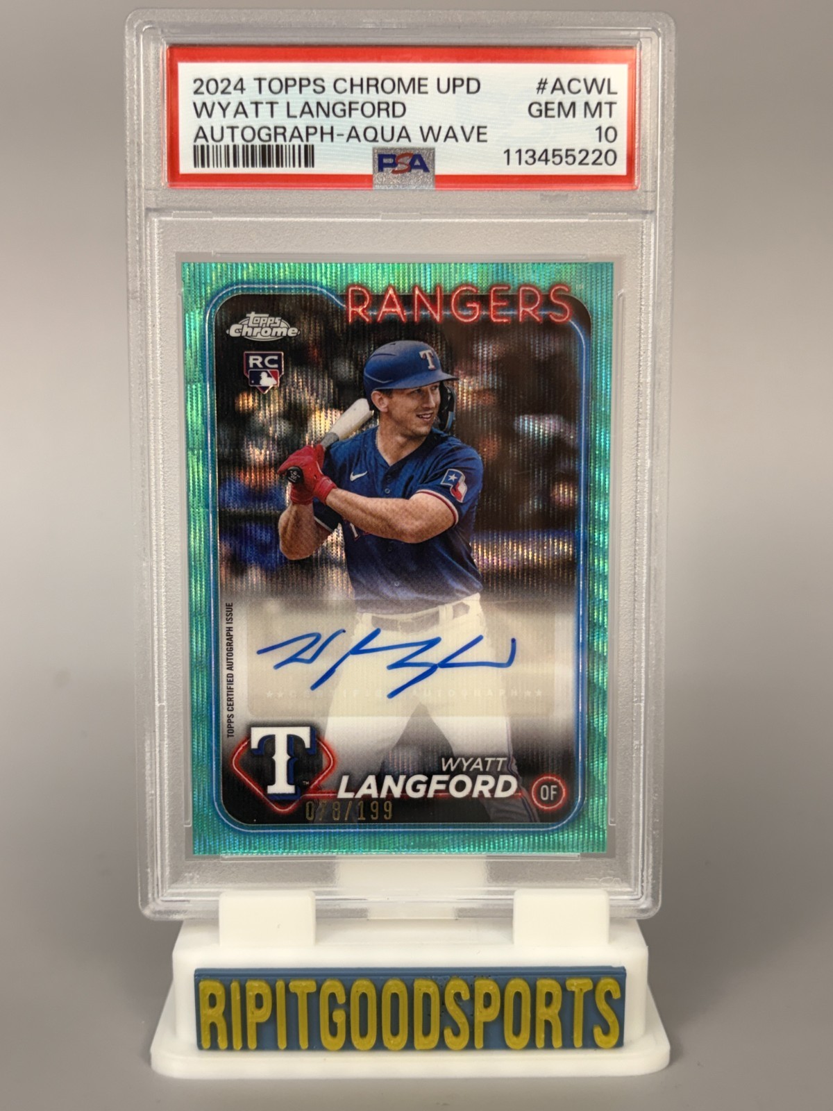 Wyatt Langford 2024 Topps Chrome Update #ACWL Aqua Wave Auto RC /199 PSA 10