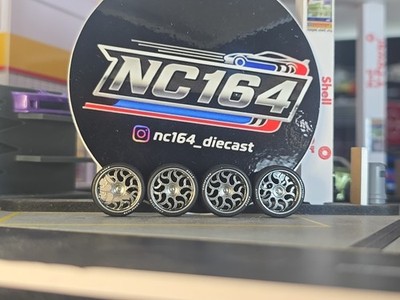 NC164 Chrome Twisted Blade 14mm Custom Wheels & Rubber Tires For 1:64 Diecast 