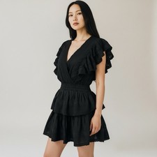 Love Shack Fancy Gwen Heritage Ruffled Mini Dress Black Cotton Eyelet Sz Medium