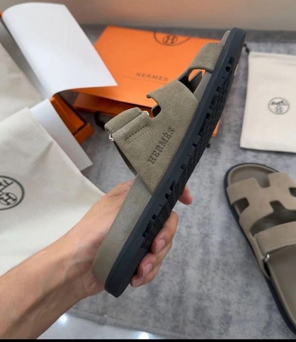 Hermès Chypre Sandals Women's EU 38 Asphalt Grey Suede Adjustable Strap Slides P