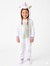 Girls Unicorn Hooded Plush Jumpsuit Costume Size 4-6 Polyester White