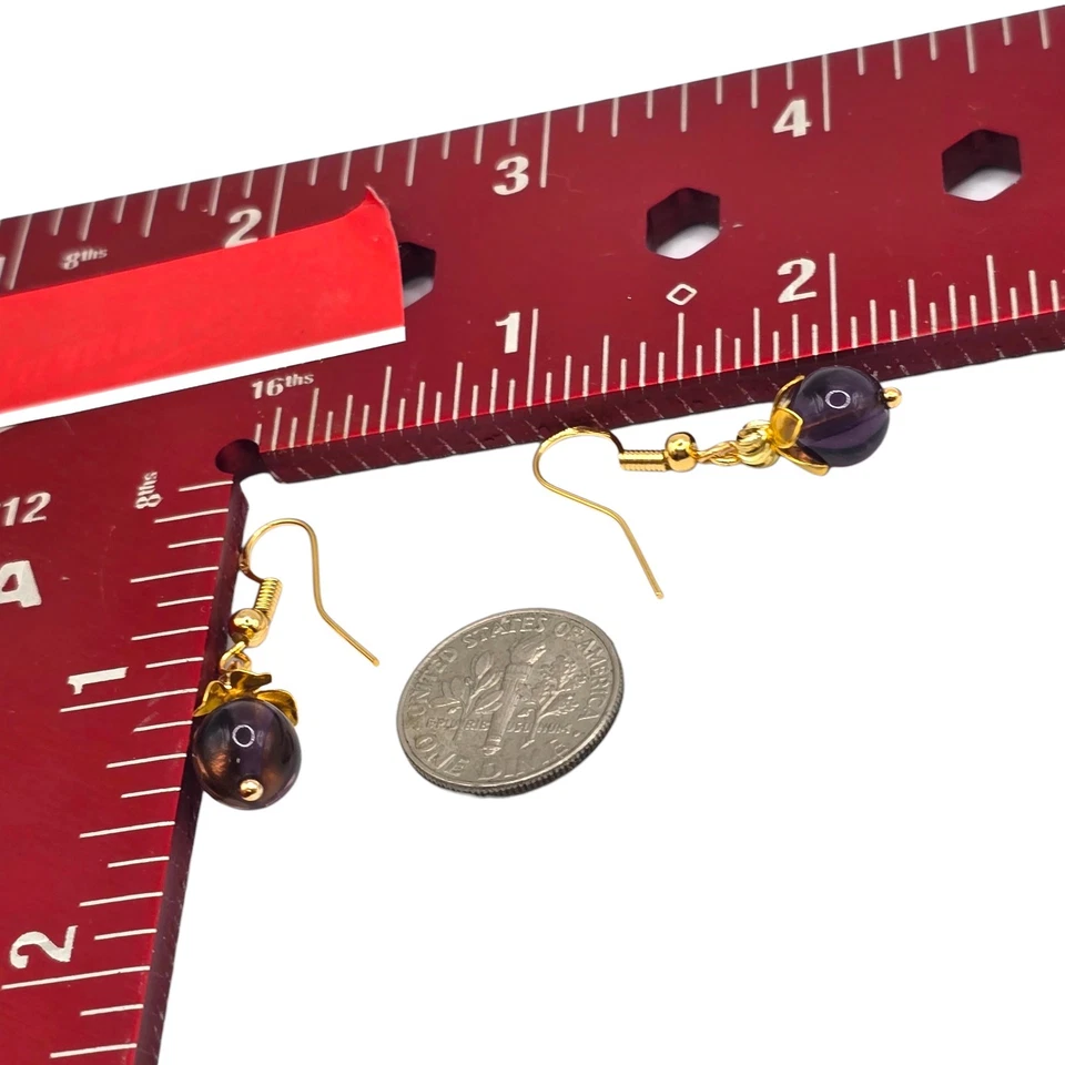 Amethyst Pierced Earrings Bead Dangle Drop Gold Tone 8mm Purple SKU 2807 - Image 3 of 4