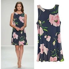 Ann Klein Dress Women's Size 8 Black Pink Floral Sleeveless Shift Office Casual