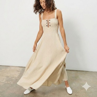 Mara Hoffman Mei Hemp Maxi Dress 6 Tan Grommet USA Boho Cottagecore Beach Vaca
