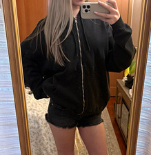 Brandy Melville Womens Black Full Zip Hooded Fleece Hoodie Pockets One Size