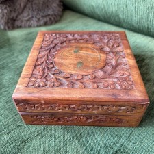 Hand carved wooden trinket box jewelry box with brass inlay