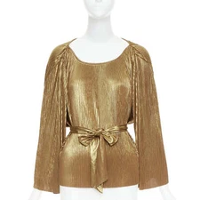HALSTON HERITAGE gold accordion pleated gathered shoulder tie goddess top US10 L