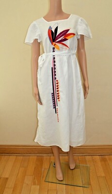 Neu M&S Collection besticktes weißes Leinenmischung Kleid Gr. UK 6 8  