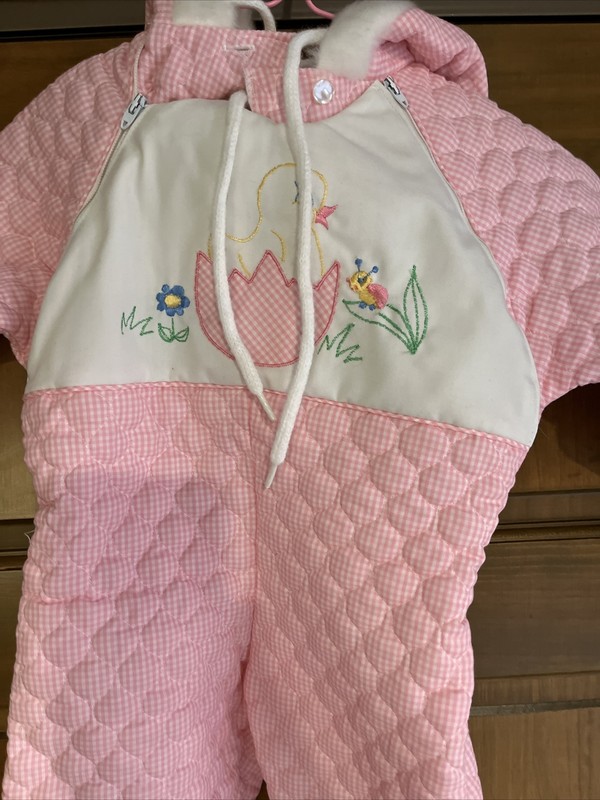 1970’s Vtg Infant Pink Quilted One Piece Snowsuit With Duck Embroidered On Front