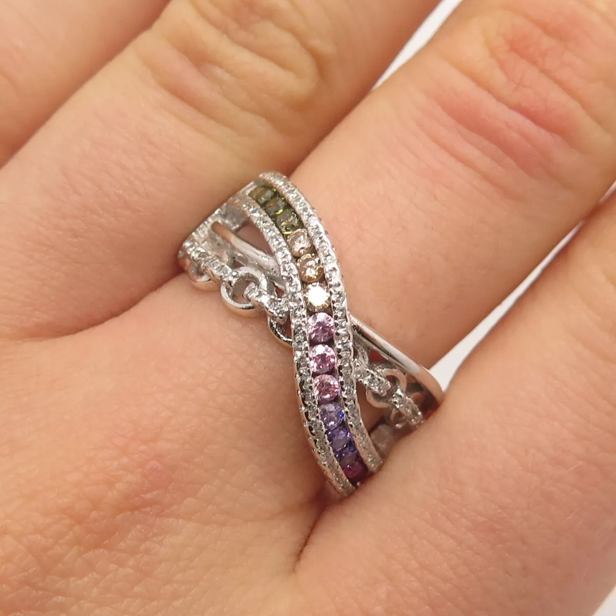 S925 Sterling Silver Multi Color C Z Crossover Ring Size 8 eBay