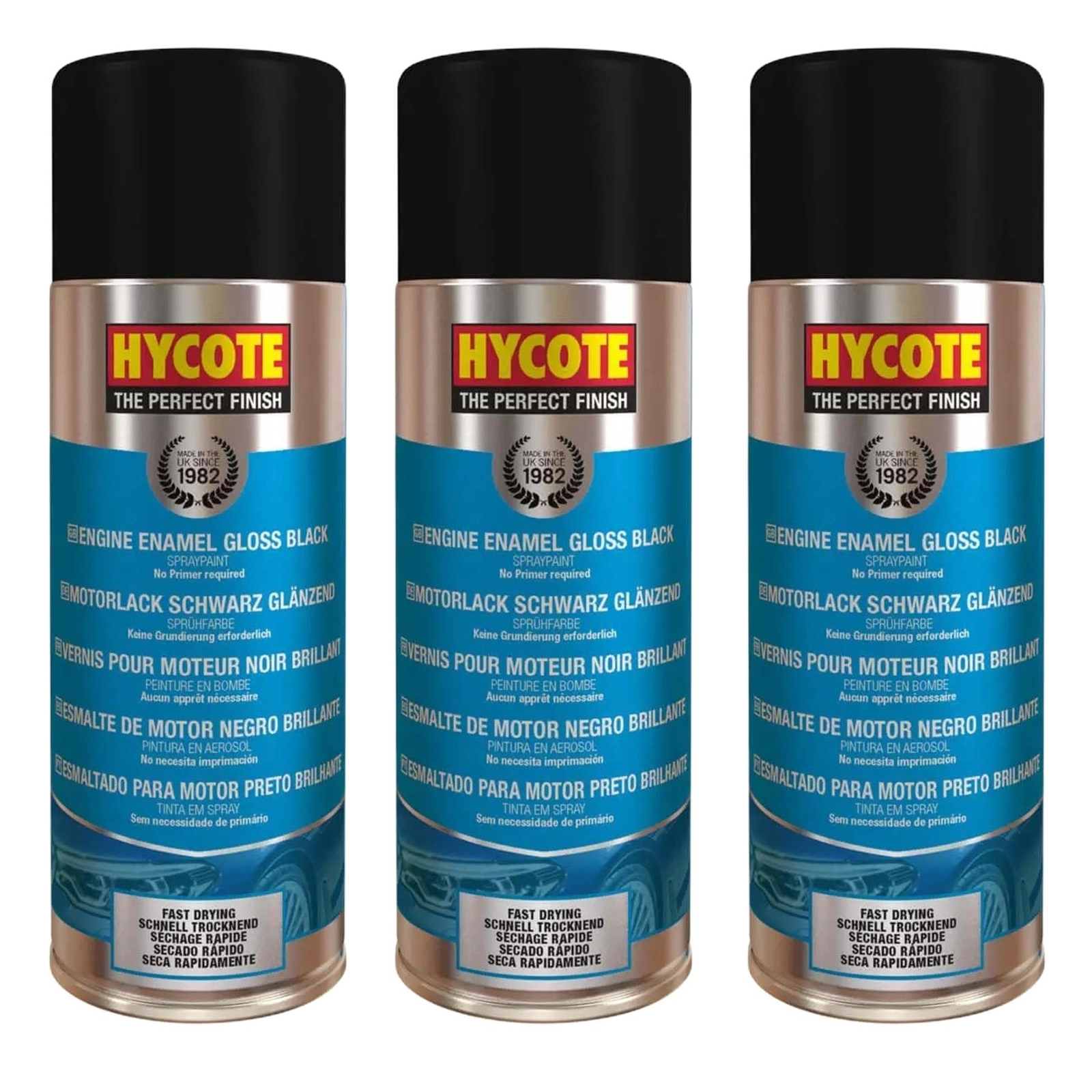 Hycote Colour Spray Paint Aerosol XUK0121 Black Engine Enamel 400mL x 3 Fast Dry