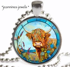 Highland Cow Necklace Faux Stained Glass Art Print Silver Charm Pendant