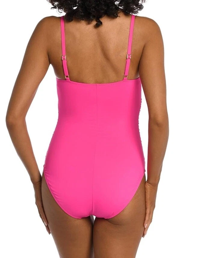 NWT La Blanca Pop Pink Island Goddess Rouched Mio One Piece Swimsuit Size 2 - Image 2 of 3