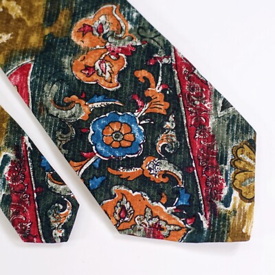 Paulo Visari Green Multi-Colored Floral Print Short Wide Silk Tie Made In Itally