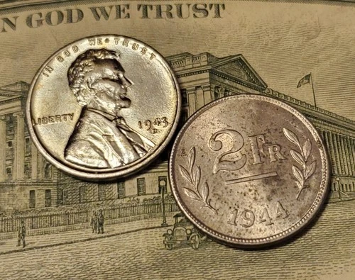 1943 D Gem BU Steel Cent + Belgium 2 Fc ESTATE * CHOICE *