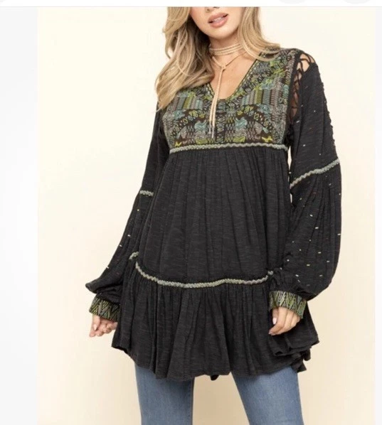 ¡Nuevo top túnica negra intrincadamente bordada Free People mujer XL!!! Foto 3 de 4