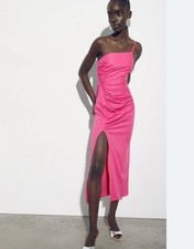 New Zara Draped Asymmetrical Linen Blend Mifi Dress Fuchsia Pink Sz Small S