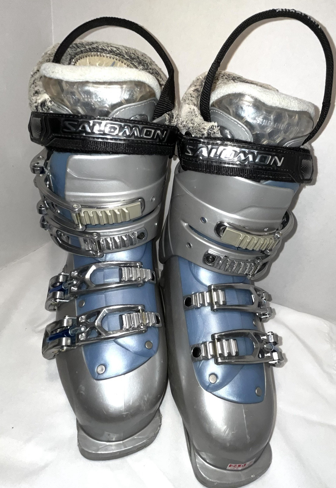 Scarponi da sci sportivi invernali Salomon donna argento blu cinturino regolabile misura 7 5