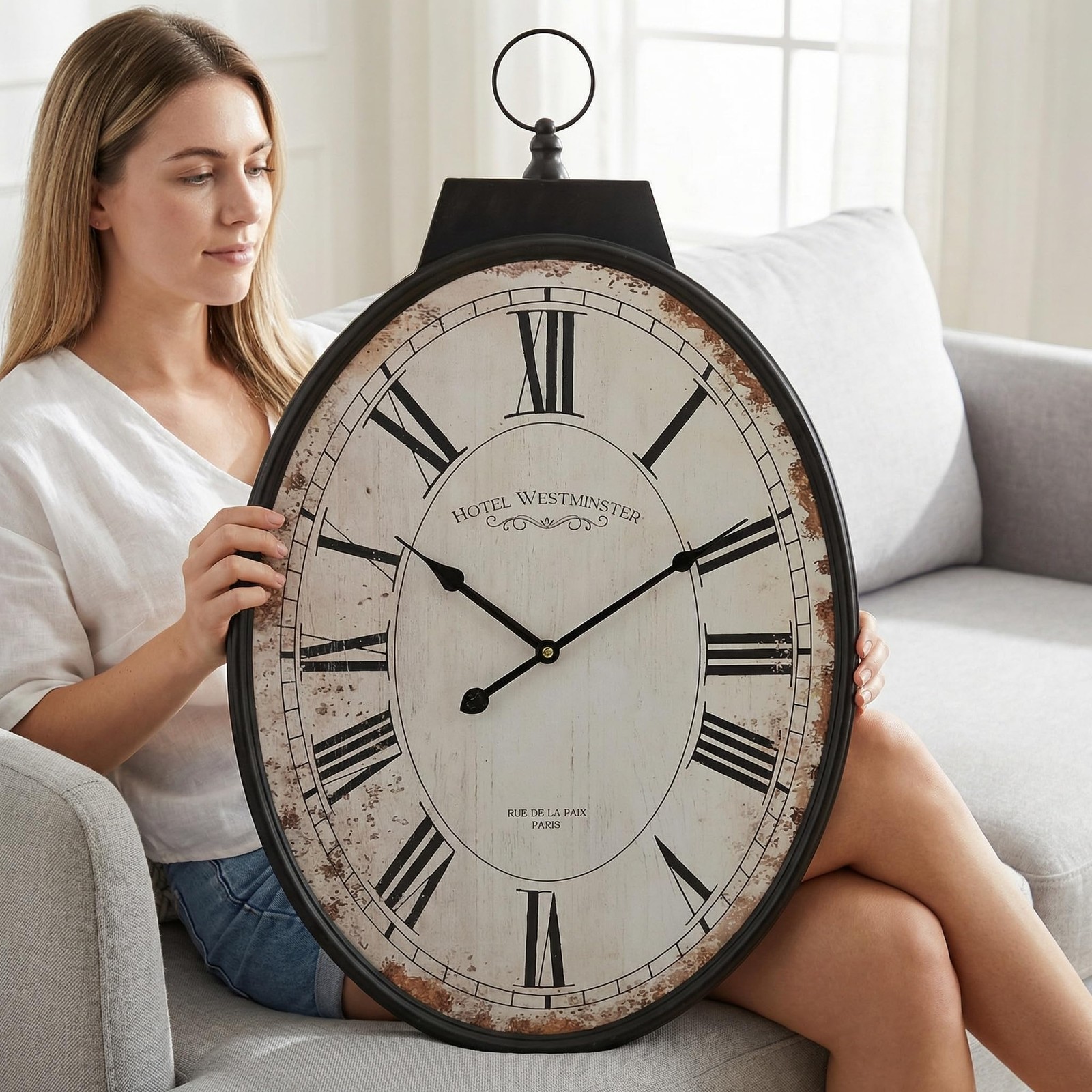 Large Oval Wall Clock 25 Inch, Antique Distressed White Decorative Clock with...
