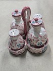 Vintage Italy Salt And Pepper Oil And Vinegar Caddy Cruet Set Blue/Pink Floral — photo 1